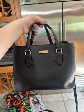 Anne Klein Black Structured Saffiano Satchel with Gold Accents